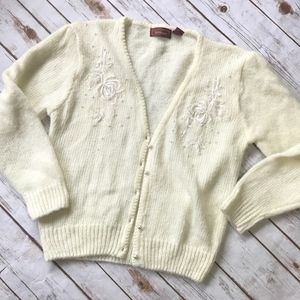 Vintage Ivory Beaded Boho Pearl Chunky Sweater M